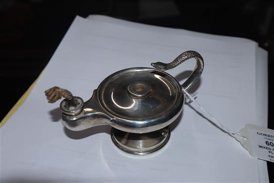 A late Victorian silver tobacco box, a silver tri-handled dish and three other items including silver perpetual lighter lamp.
